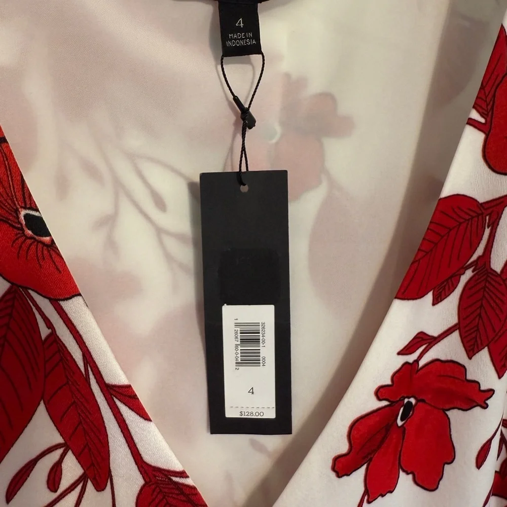 Banana Republic Dress Red and White Floral Leaf Faux Crossover Size 4 NWT - Picture 6 of 13